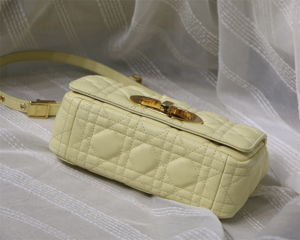 small d*or caro bag light yellow S*pple cannage calfskin 20 x 12 x 7 cm