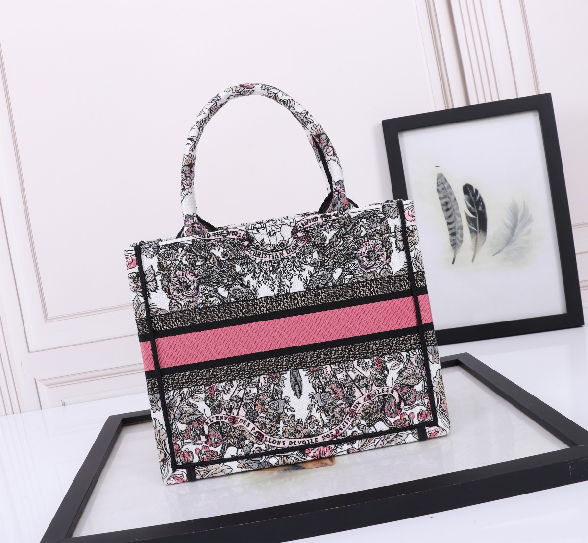 small D*or book tote white and pastel pink butterfly around the world embroidery 10.5 x 8.5 x 5.5 inches