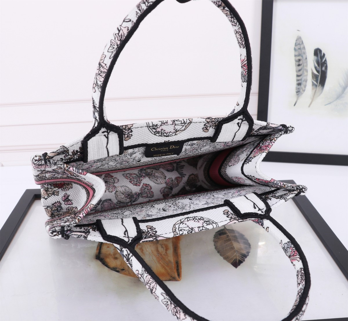 small D*or book tote white and pastel pink butterfly around the world embroidery 10.5 x 8.5 x 5.5 inches