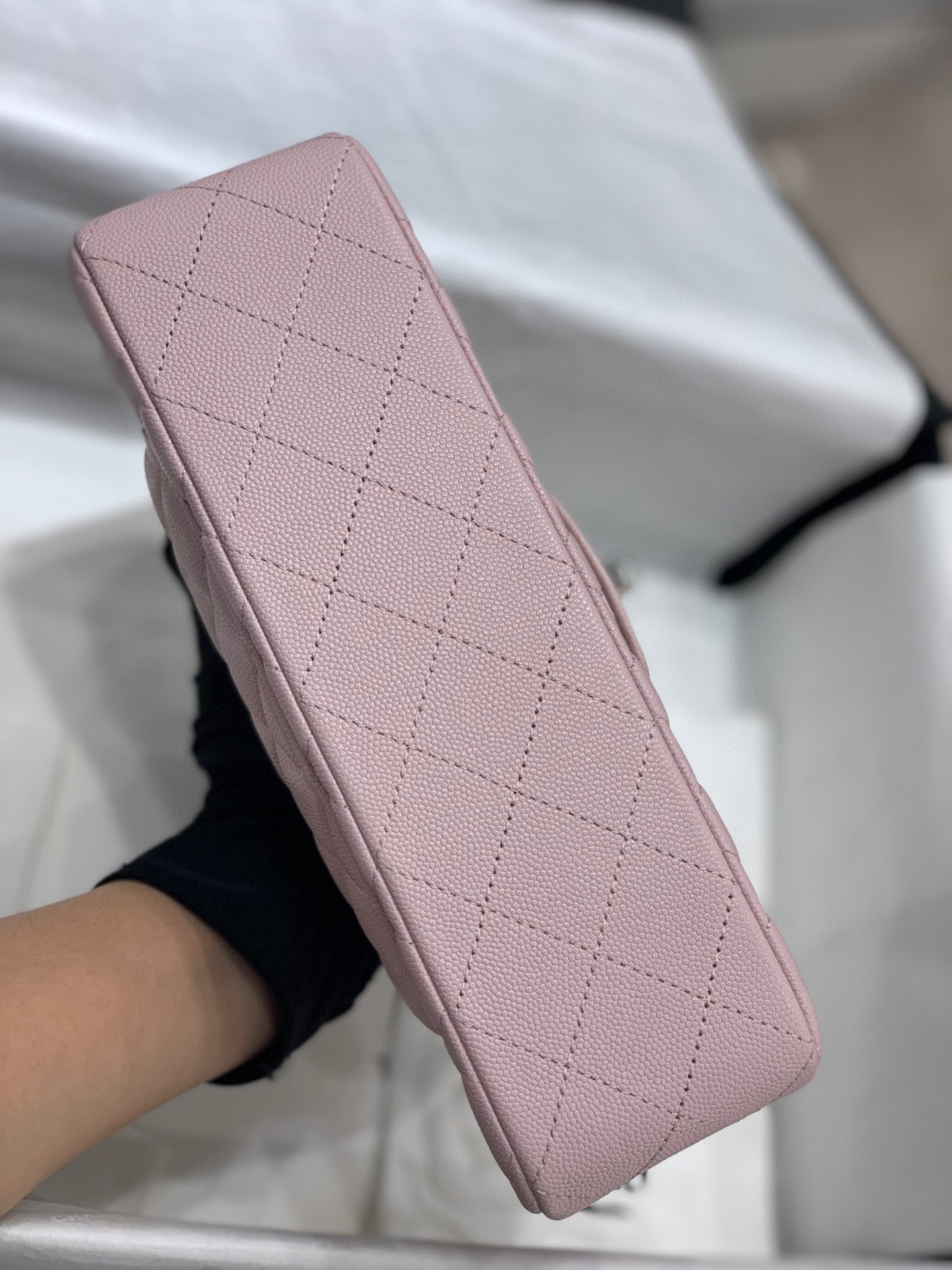 Ch*el classic handbag grained calfskin & silver-tone metal pink 6 × 9.9 × 2.5 in