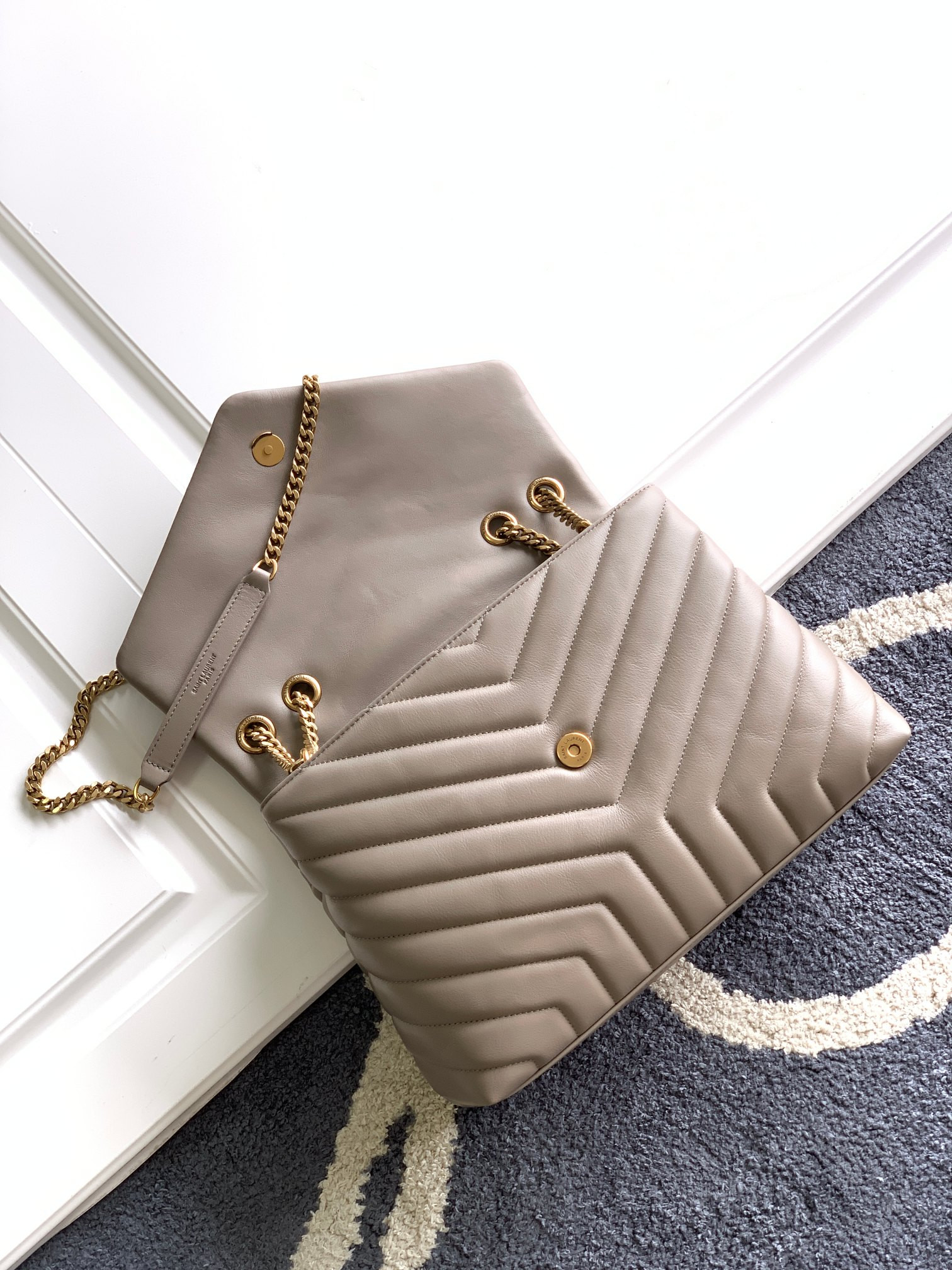 Y*L loulou medium in quilted leather gray 12.5 x 8.6 x 3.5 inches
