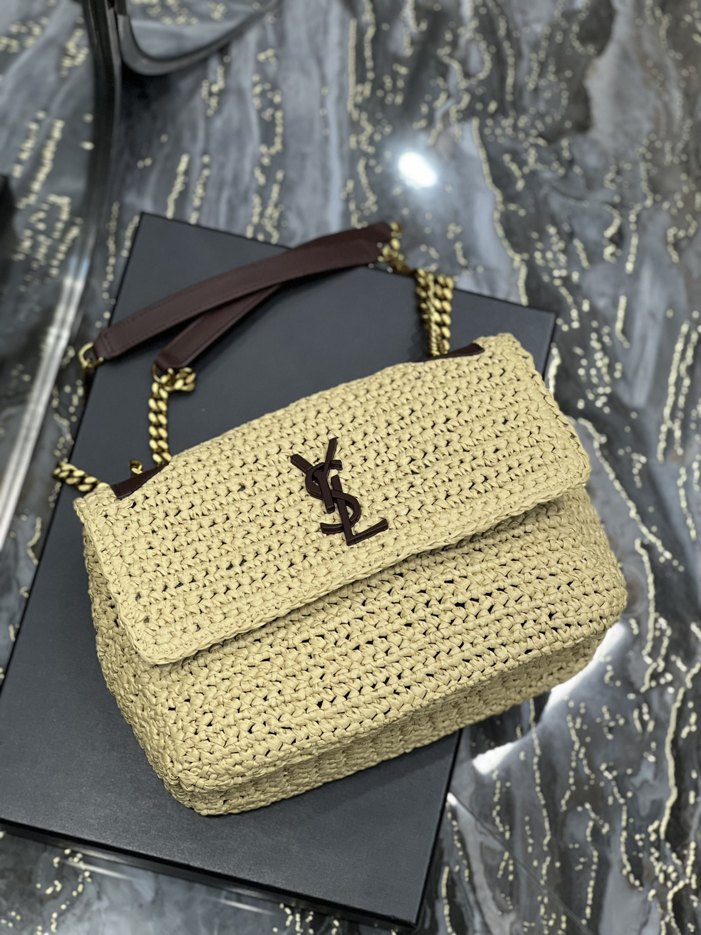Y*L niki medium chain bag in raffia and leather beige 11 x 7.8 x 3.3 inches