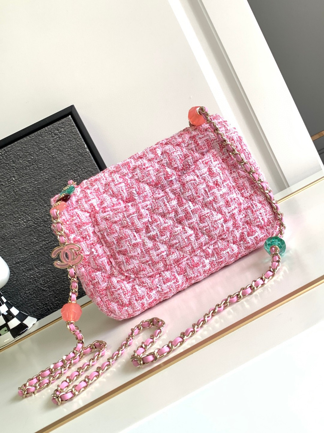 Ch**el flap bag pink tweed 14.5x18.5x6.5cm
