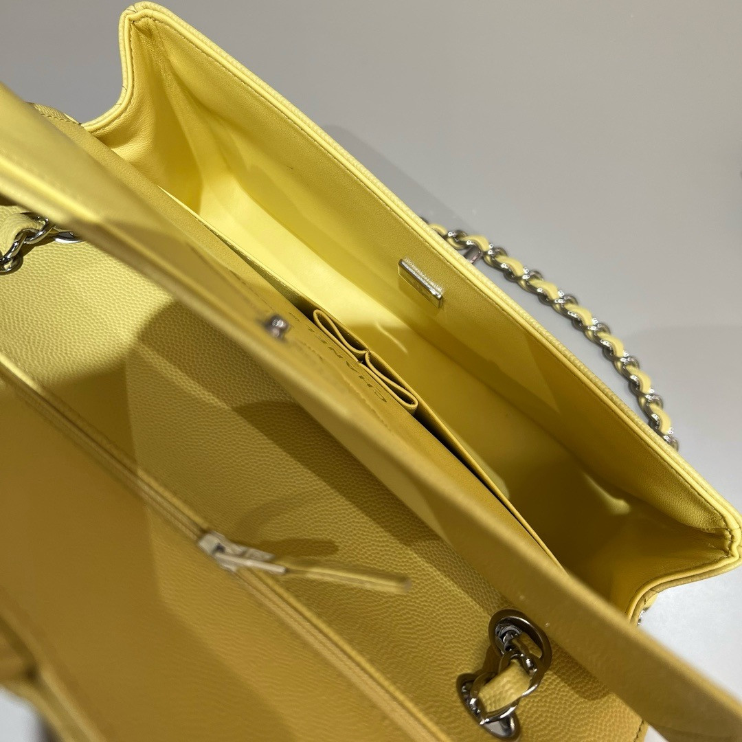 Ch**el CLASSIC HANDBAG GRAINED CALFSKIN & SILVER - TONE METAL Yellow 6×9.9×2.5in