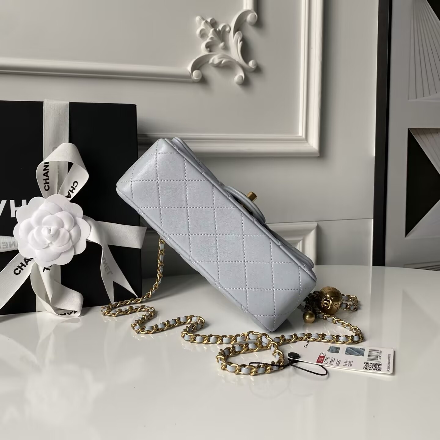 Ch**el MINI FLAP BAG SHINY CALFSKIN & gold-TONE METAL gray 4.7 × 7.8 × 2.3 in