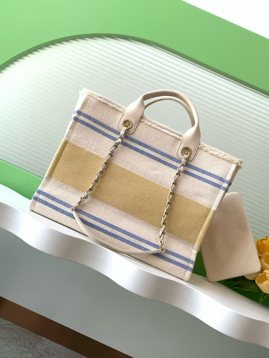 Ch**el Shopping Bag Cotton Canvas & Gold-Tone Metal 38x30x22cm