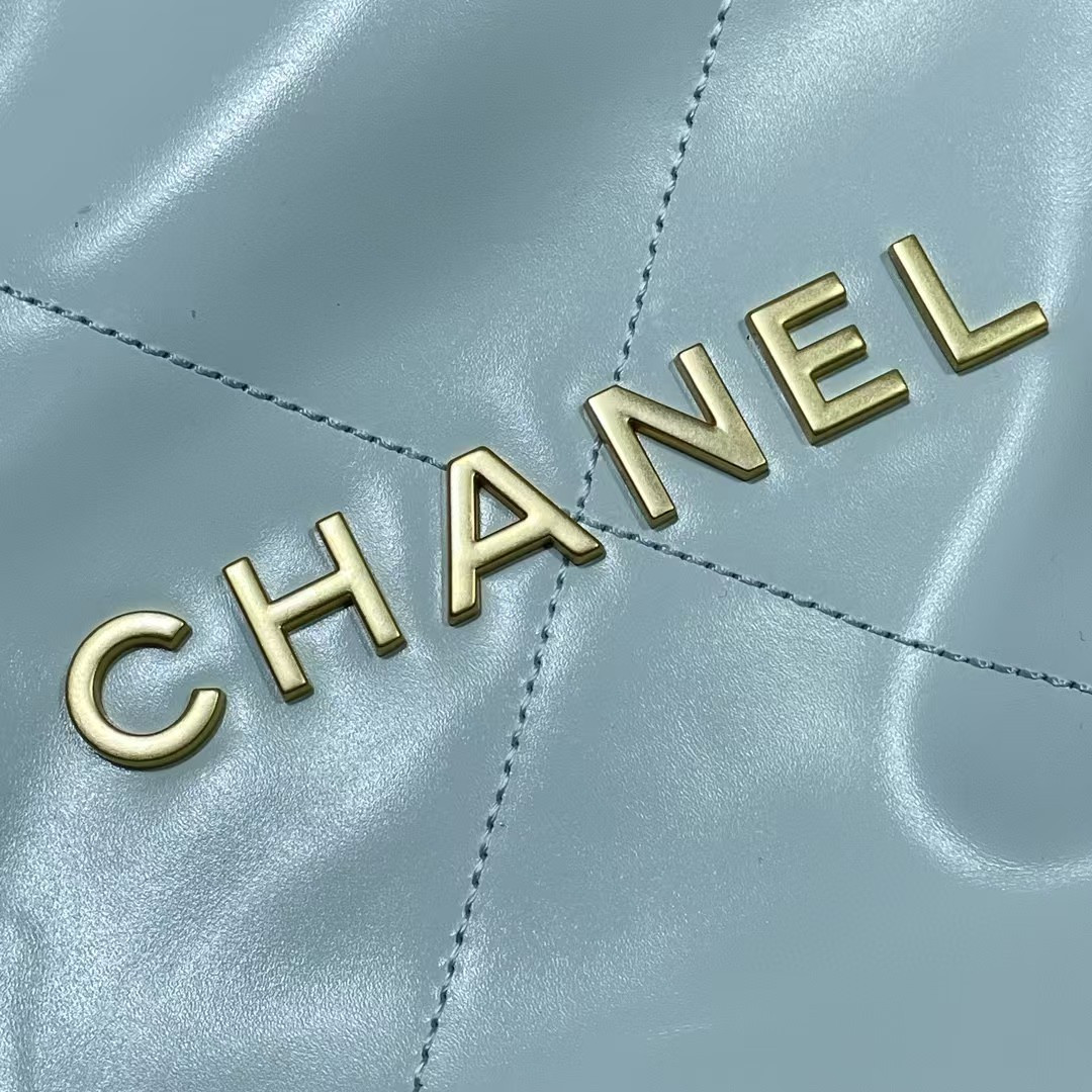 Ch**el 22 SMALL HANDBAG Shiny Calfskin Light Blue 37X35X7cm