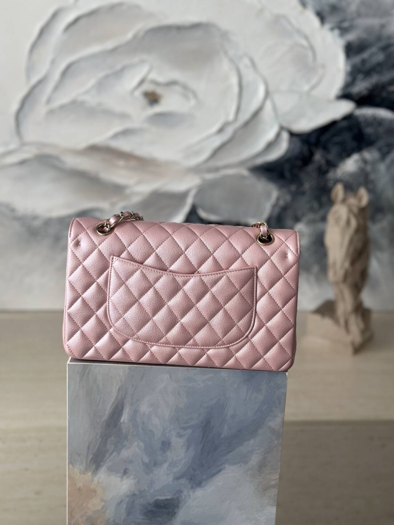 Ch**el Flap Bag Pearlescent Pink AS1112 25.5x15x6cm