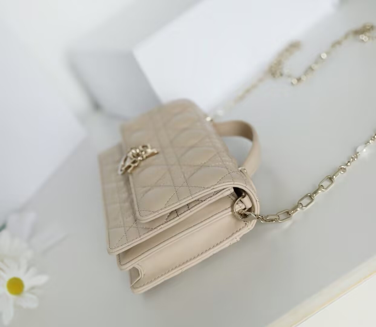 MISS D10r Mini Handbag Beige Cannage Woven Pattern Lambskin 21 x 11.5 x 4.5 cm