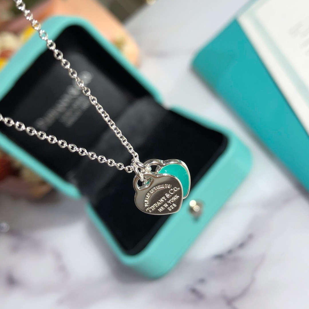 Tiffany & Co. Blue Double Heart Tag Pendant Necklace