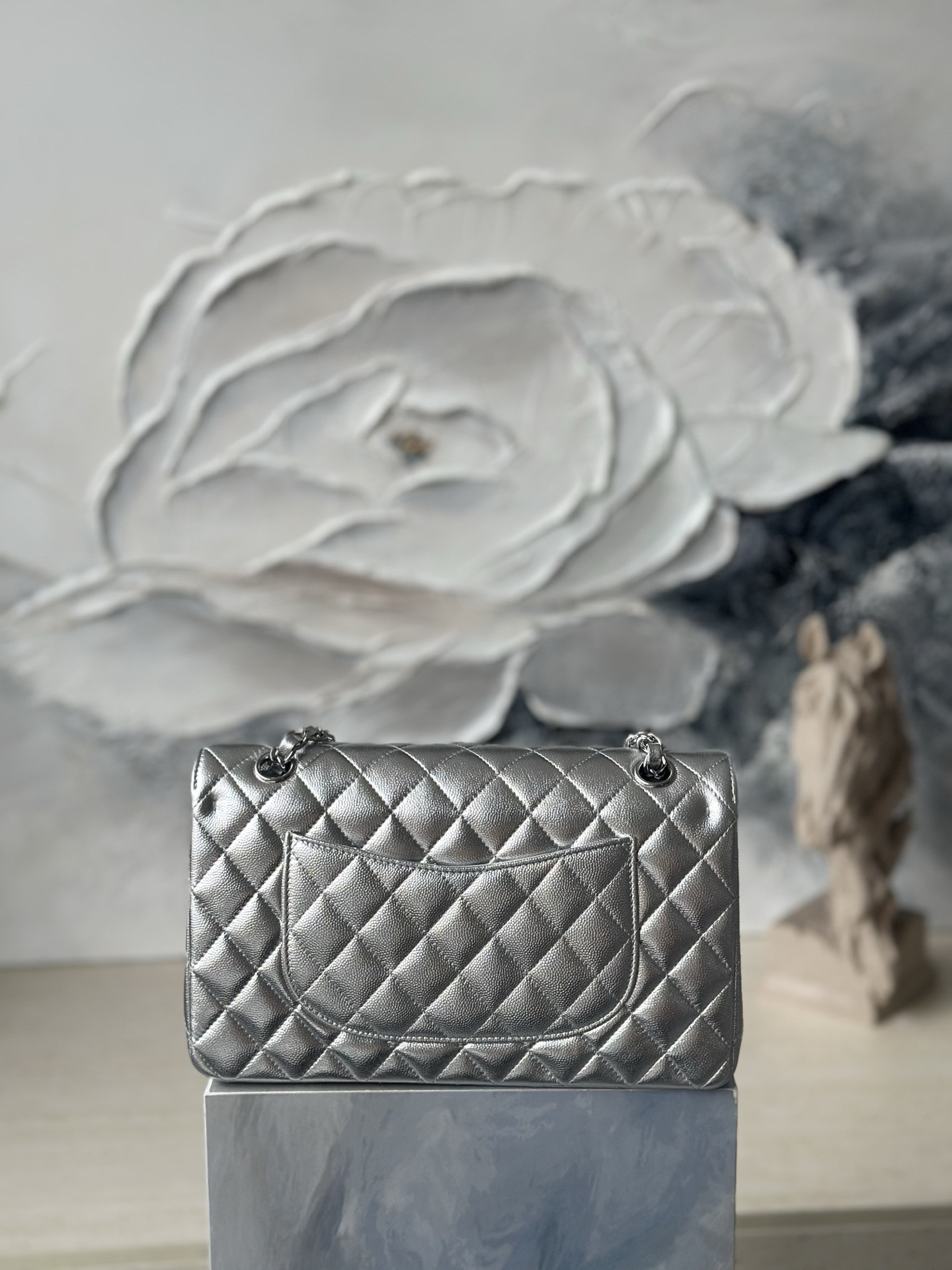 Ch**el Flap Bag Pearlescent Silver AS1112 25.5x15.5x6cm