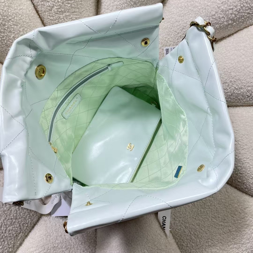 Ch**el 22 SMALL HANDBAG Shiny Calfskin Light Blue 37X35X7cm