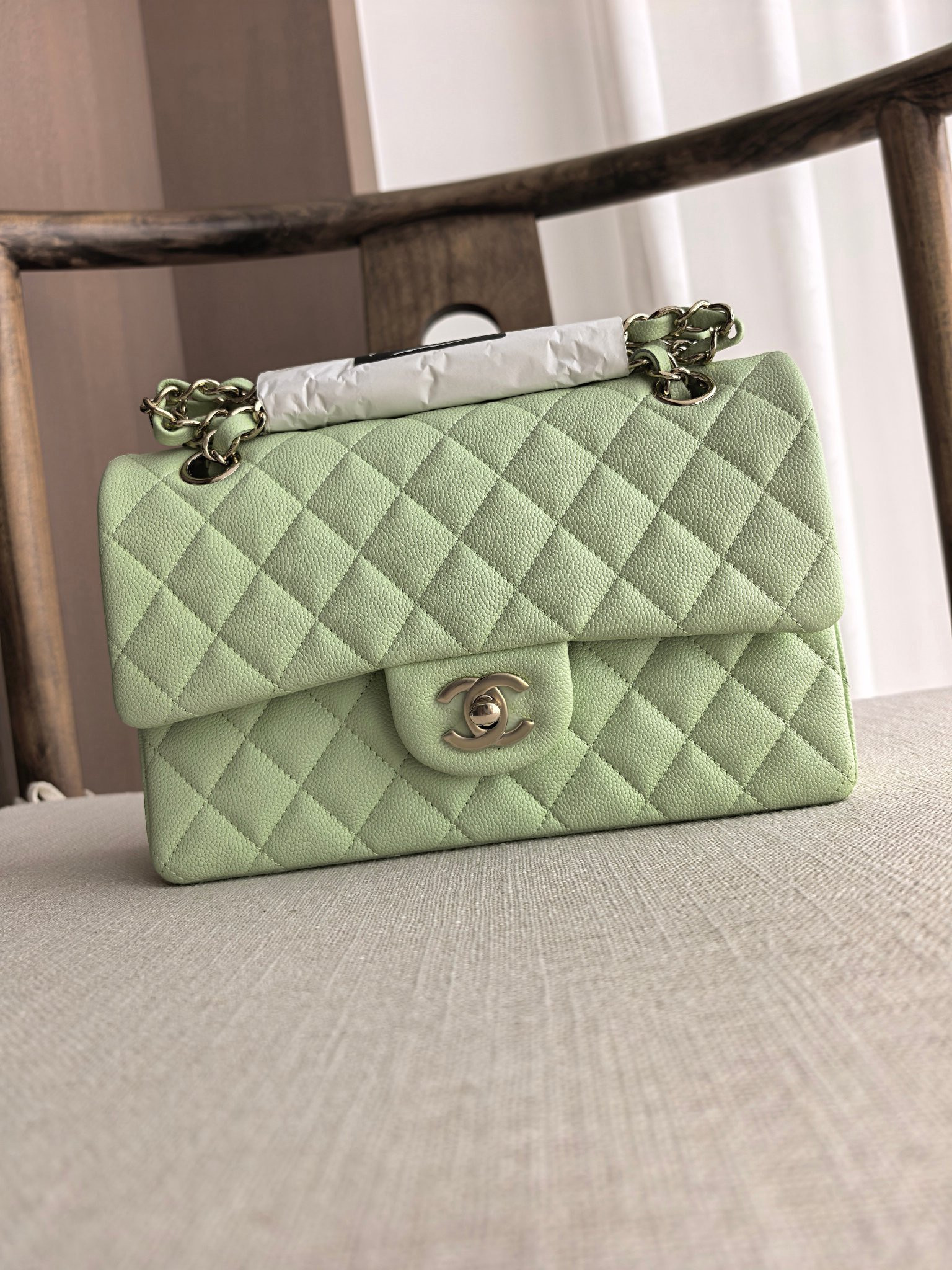 Ch**el Classic Flap handbag Mint Green Bag with Light Gold Hardware A01113 23x14.5x6cm