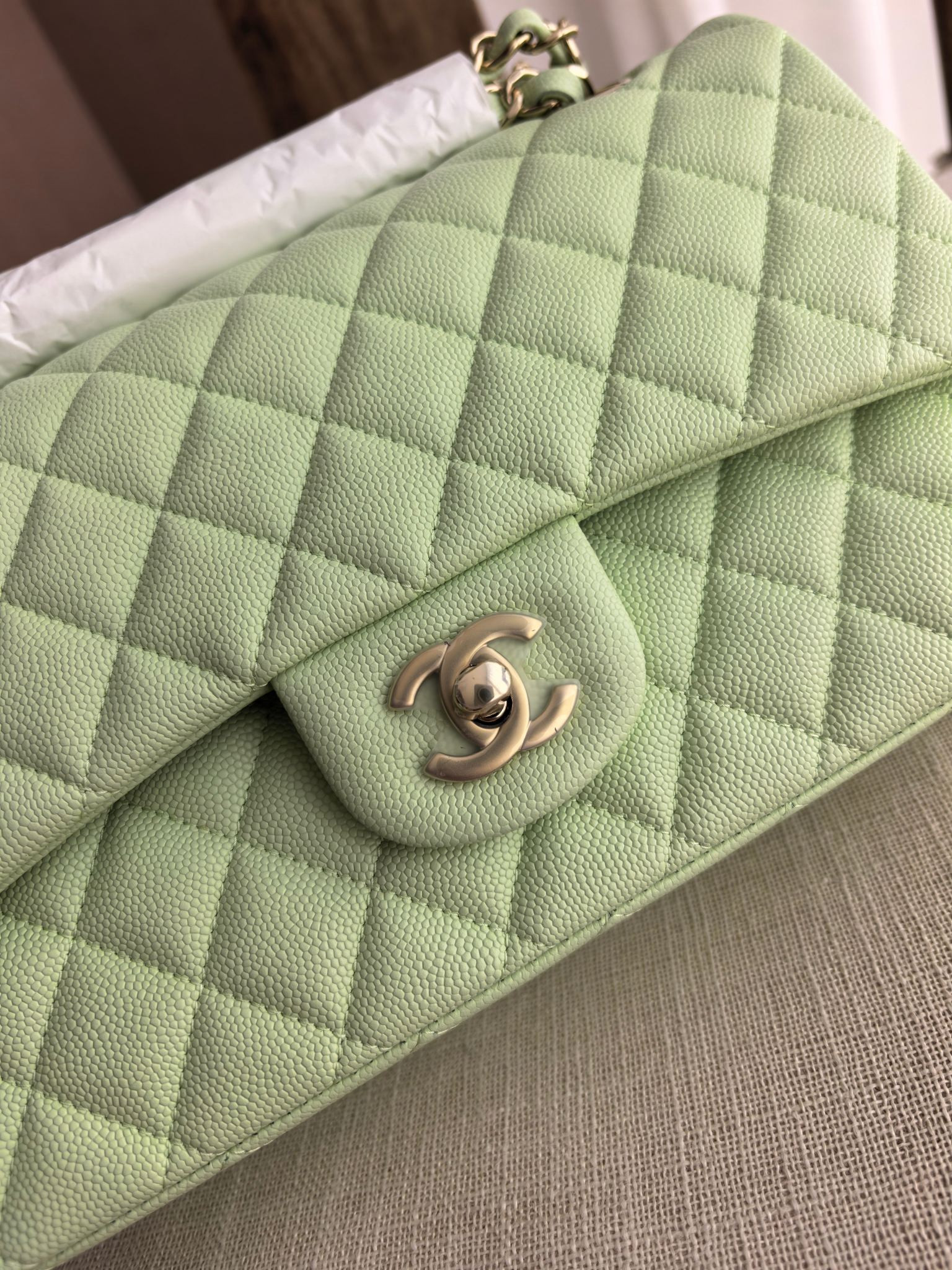 Ch**el Classic Flap Mint Green Bag with Light Gold Hardware A01112 15.5x25.5x6cm