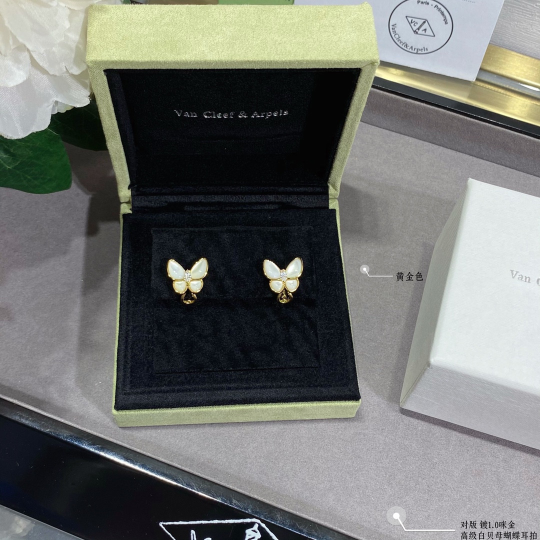 V*n Cl**f & Arpels White Mother-of-Pearl Butterfly Earrings