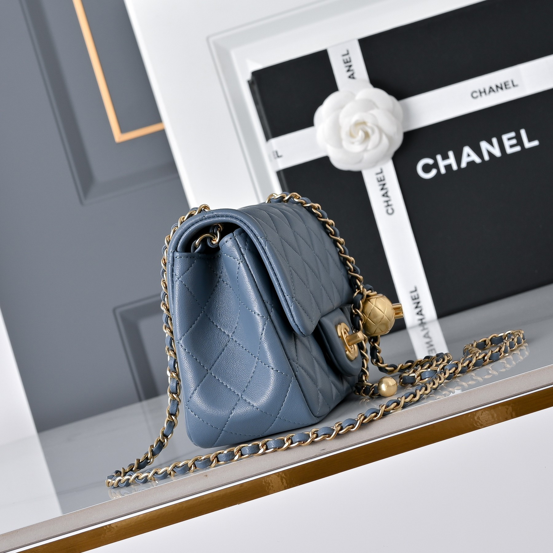 Ch**el Mini Flap Bag Misty Blue AS1786 13.5x17x8cm