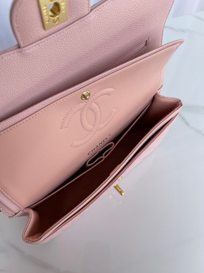 Ch**el CLASSIC HANDBAG GRAINED CALFSKIN & GOLD-TONE METAL PINK 6 × 9.9 × 2.5 in