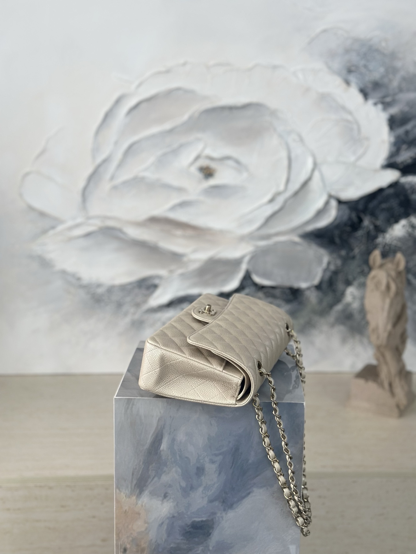 Ch**el Flap Bag Pearlescent Light Beige AS1112 25.5x15.5x6cm