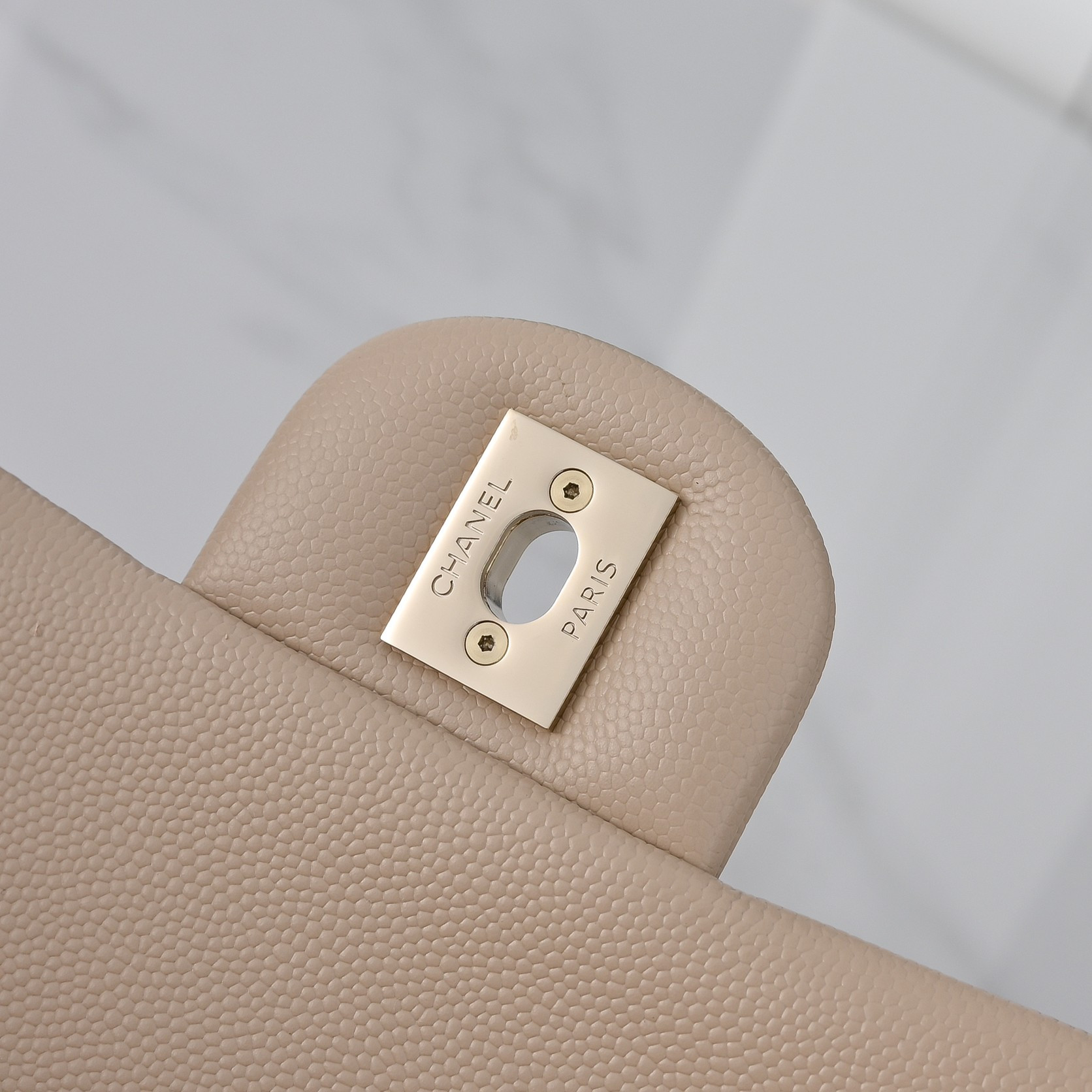 Ch**el Classic Flap Milk Tea Caviar Leather Light Gold Hardware A01112 15.5x25.5x6.5cm