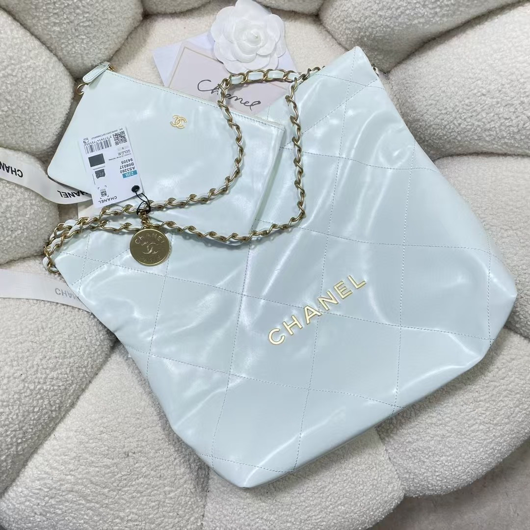 Ch**el 22 SMALL HANDBAG Shiny Calfskin Light Blue 37X35X7cm