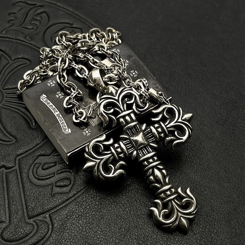 Ch*0me He**ts Large Flame Cross Pendant Necklace