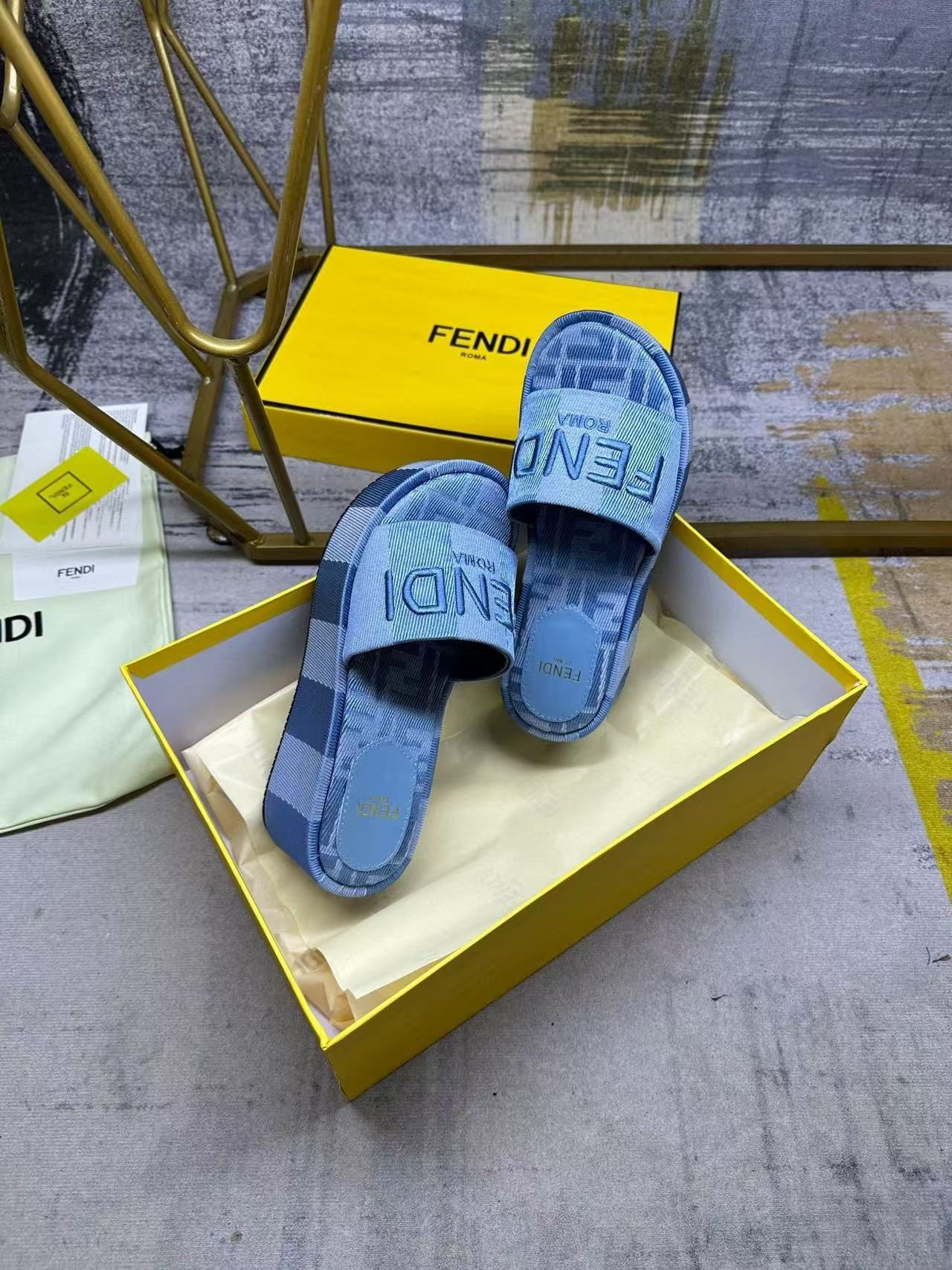 UA F**di Sunshine Light Blue De*1m-effect Jacquard Flatform Sandals