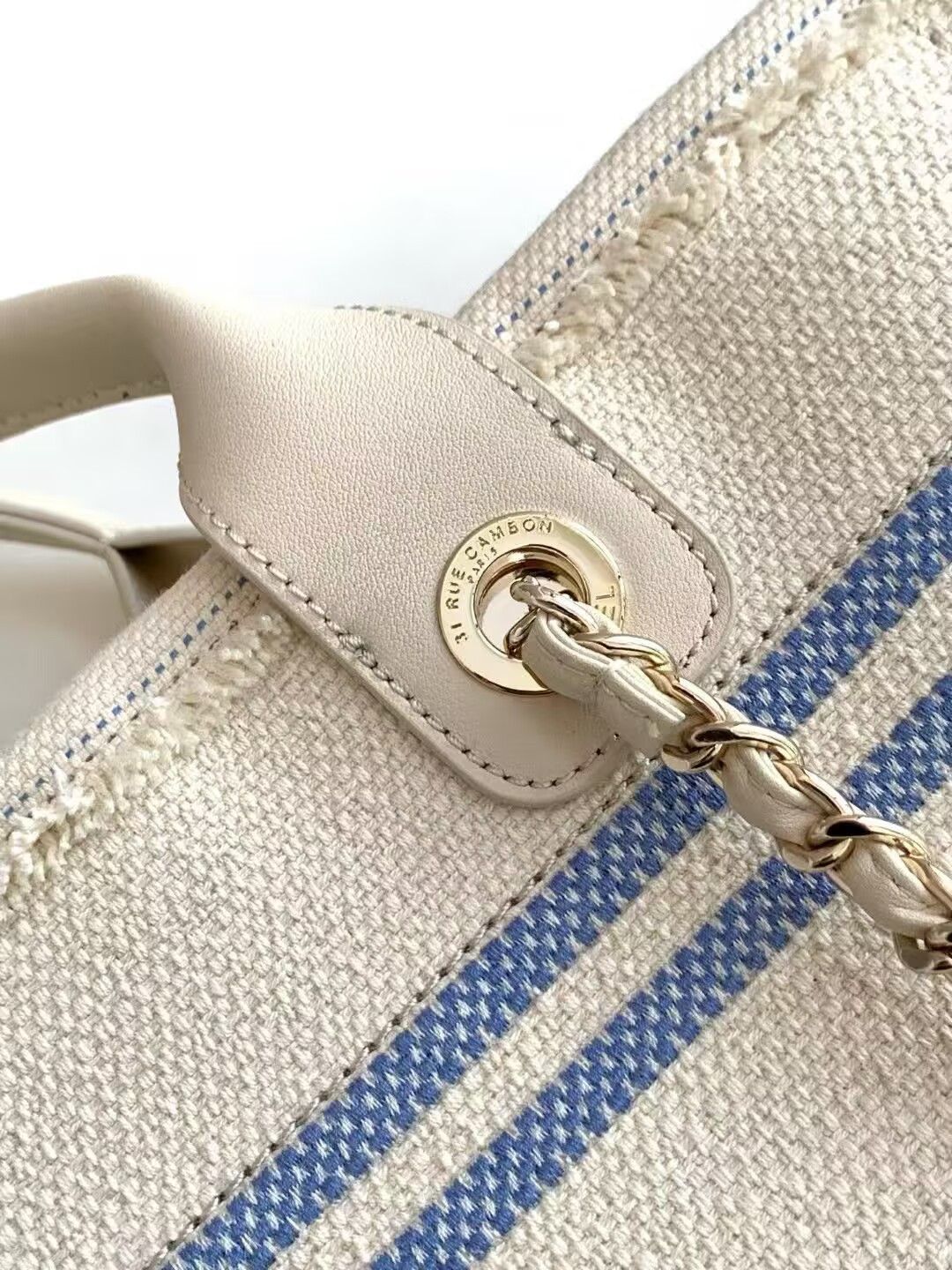 Ch**el Shopping Bag Cotton Canvas & Gold-Tone Metal 34x27x16cm