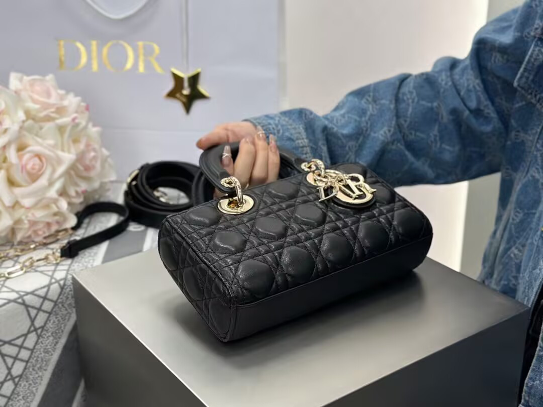 SMALL LADY D-JOY BAG Black Cannage 22 x 12 x 6 cm