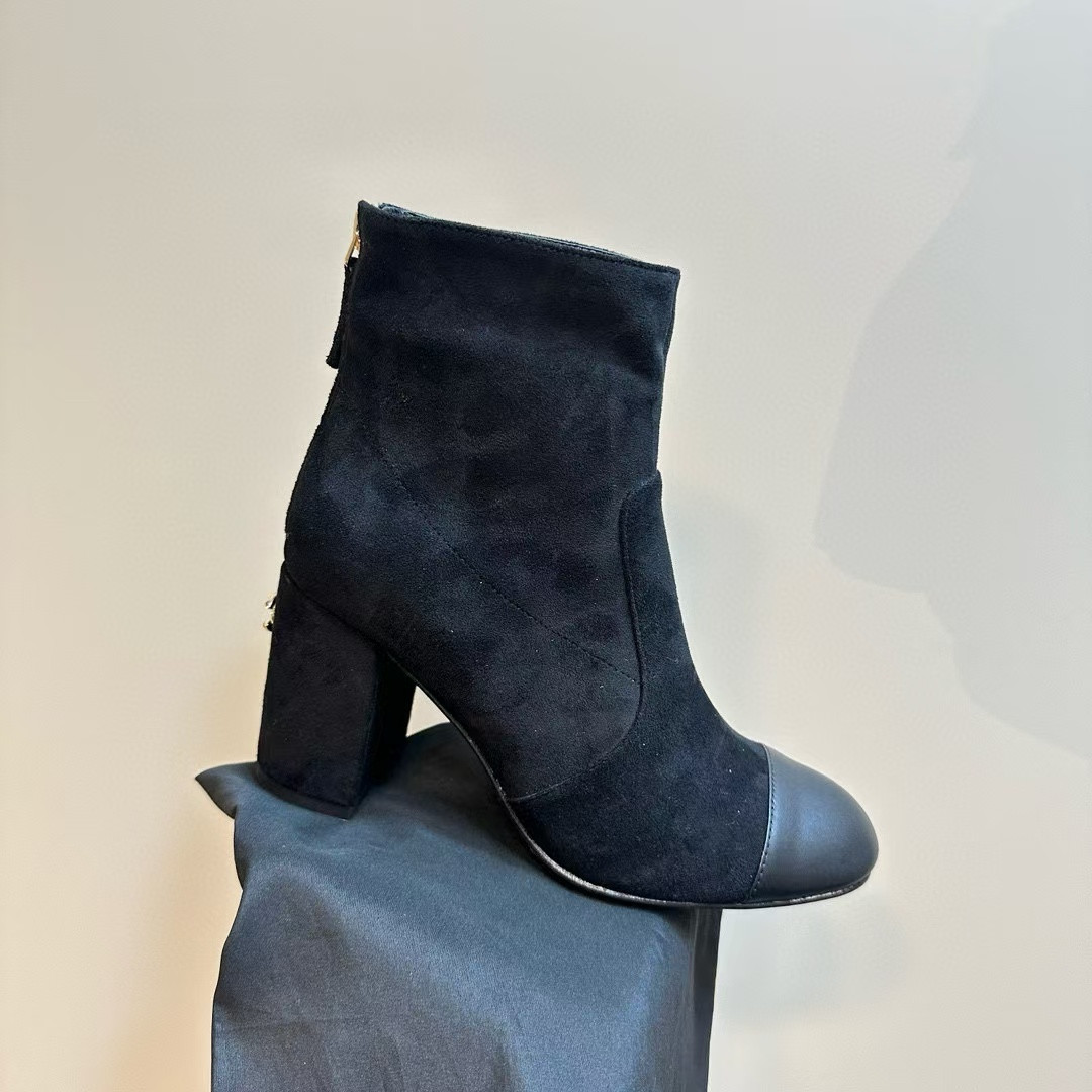 Ch**el Short Boots Suede Calfskin & Lambskin Black