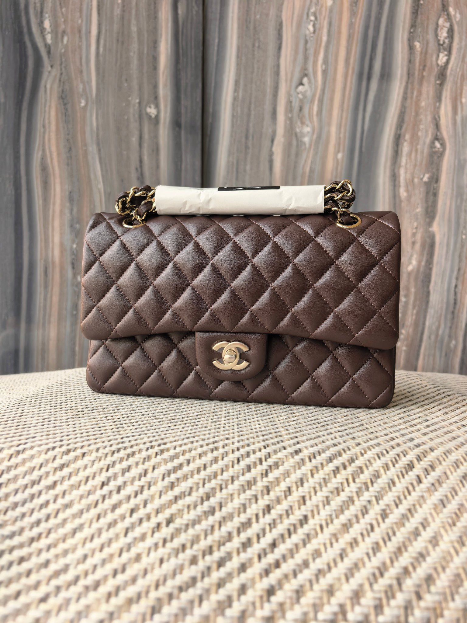 Ch**el classic flap bag coffee brown with light gold hardware 15.5x25.5x6.5cm