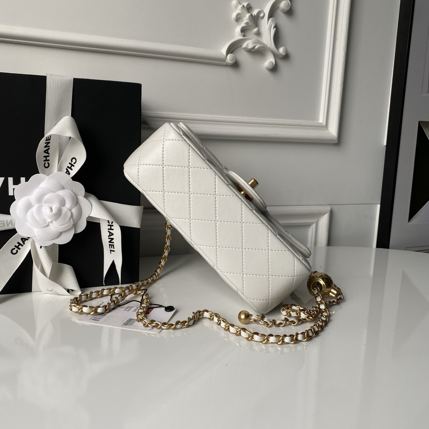 Ch**el MINI FLAP BAG SHINY CALFSKIN & gold-TONE METAL white 4.7 × 7.8 × 2.3 in