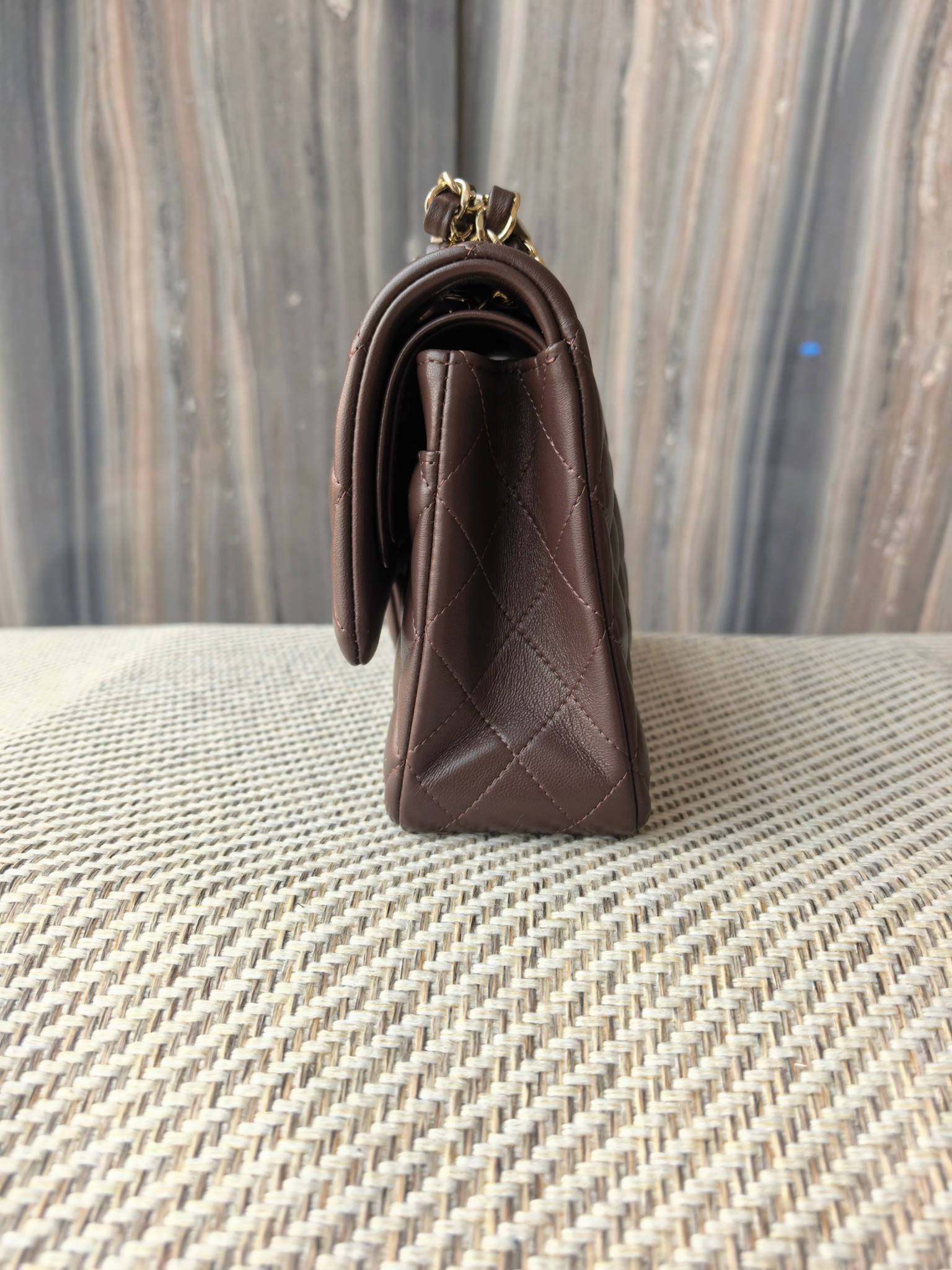 Ch**el classic flap bag coffee brown with light gold hardware 15.5x25.5x6.5cm