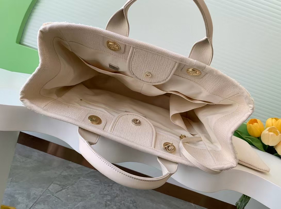 Ch**el Shopping Bag Cotton Canvas & Gold-Tone Metal 38x30x22cm