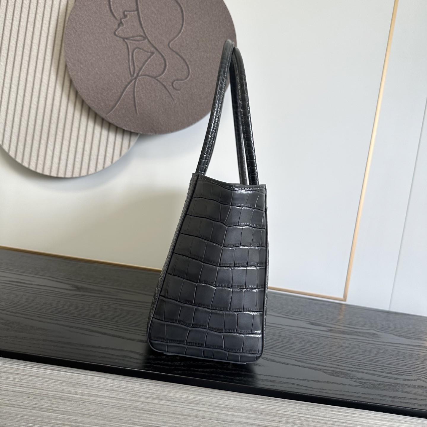 Ch**el Tote Crocodile-embossed Bag Gray 35x20x13cm
