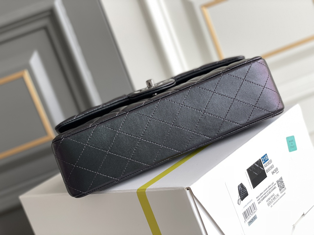 Ch**el CRUMPLED CALFSKIN QUITED DOUBLE FLAP BLACK 19.5×30×10cm