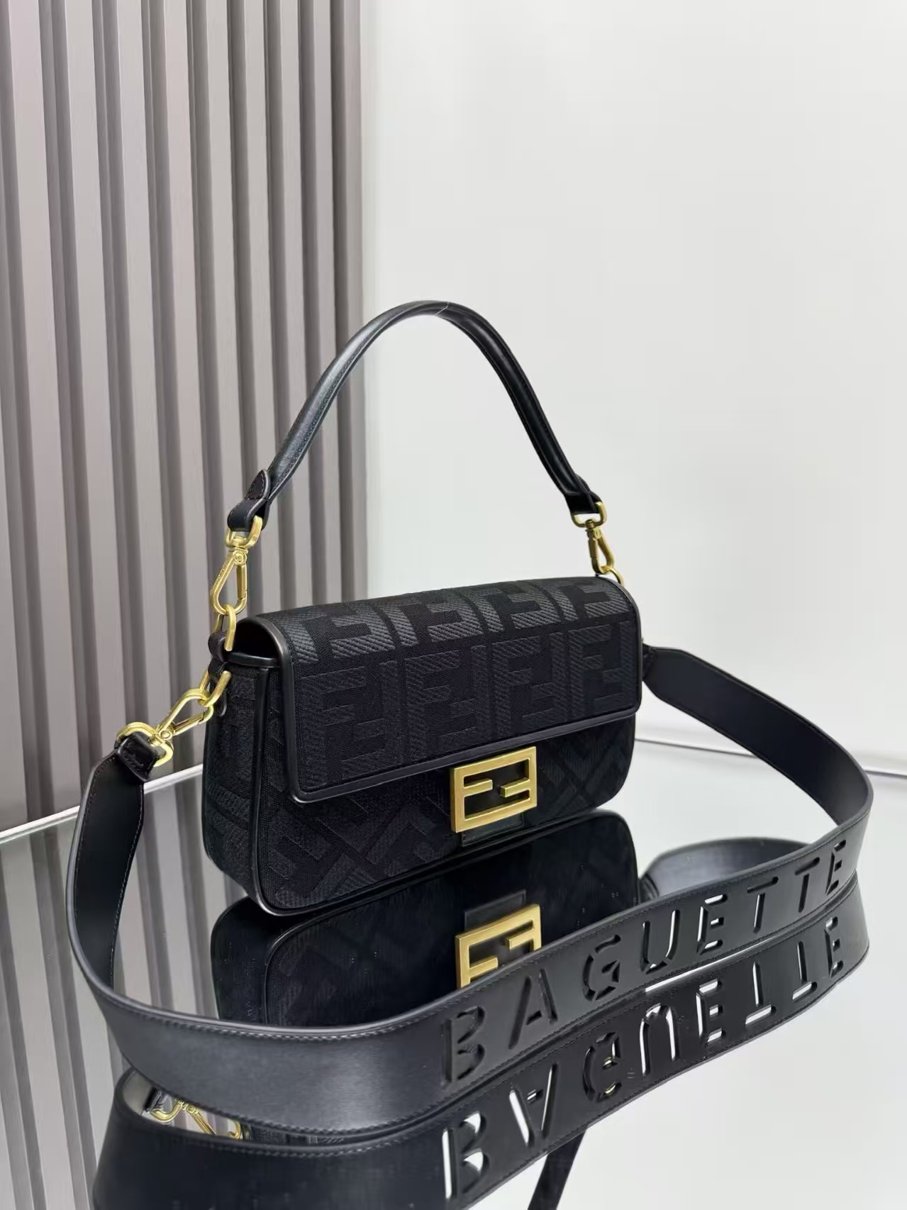 Fendi Canvas Vitello King Extra Strap FF Embroidered Baguette 28x6.5x13.5cm