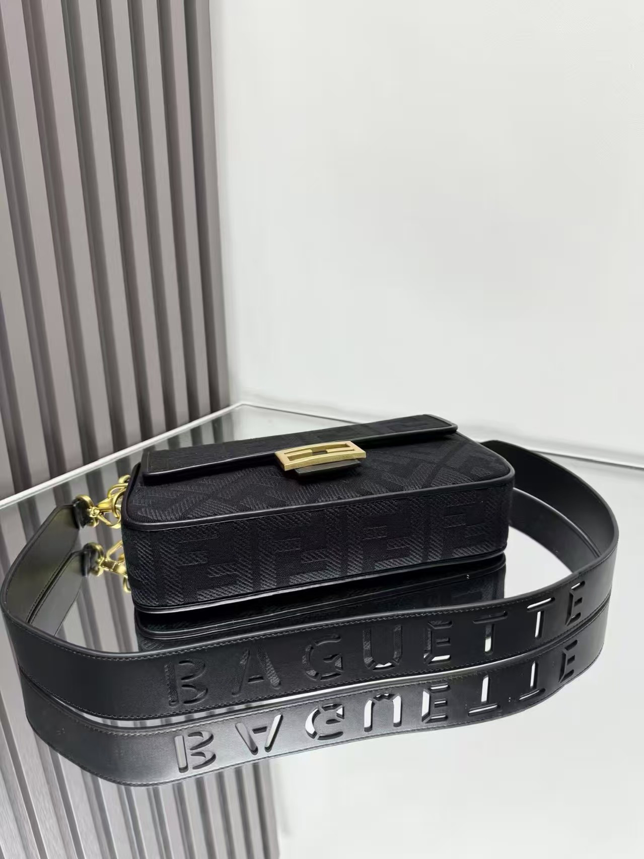 Fendi Canvas Vitello King Extra Strap FF Embroidered Baguette 28x6.5x13.5cm