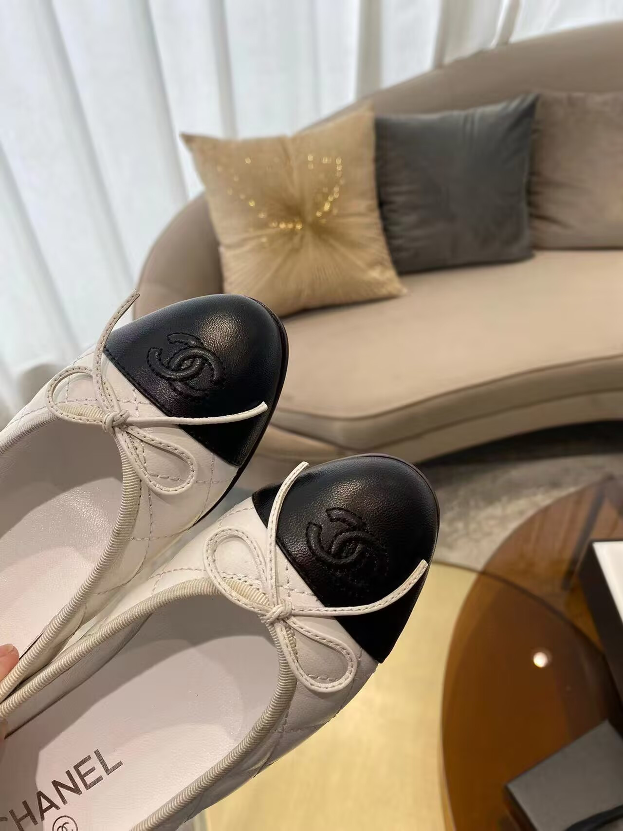 Ch**el BALLET FLATS  Aged Calfskin White & Black