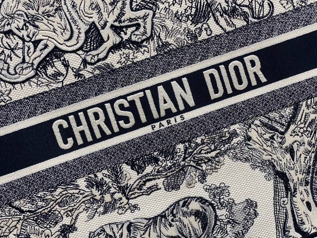 LARGE D10r BOOK TOTE Ecru and Blue Toile de Jouy Embroidery 16.5 x 14 x 7.5 inches