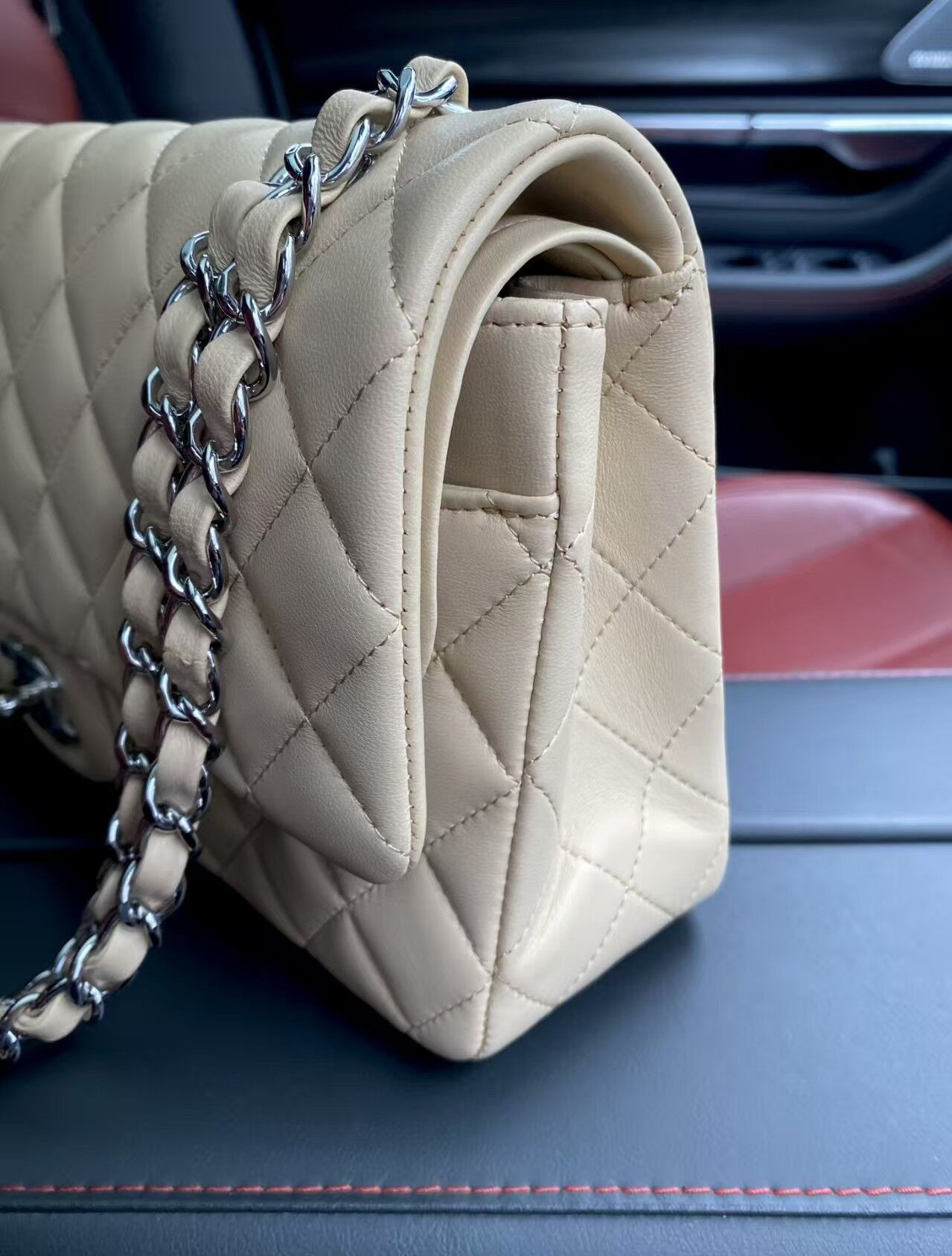 Ch**el Classic Flap Jumbo 25cm CF Khaki Silver 15.5x25.5x6.5cm