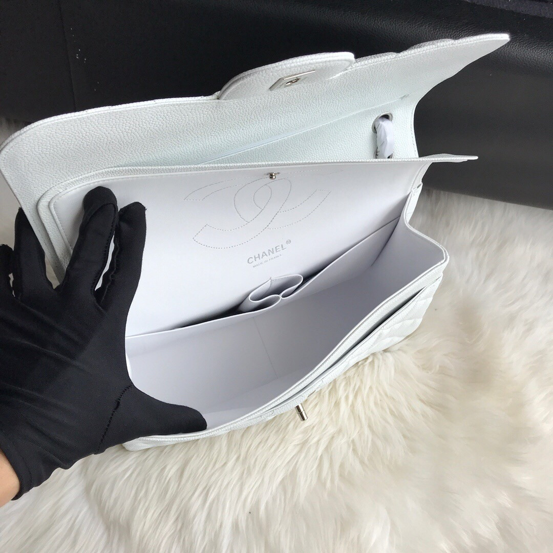Ch**el Classic Flap Jumbo 30cm CF White Silver 7.6 × 11.7 × 3.9 in