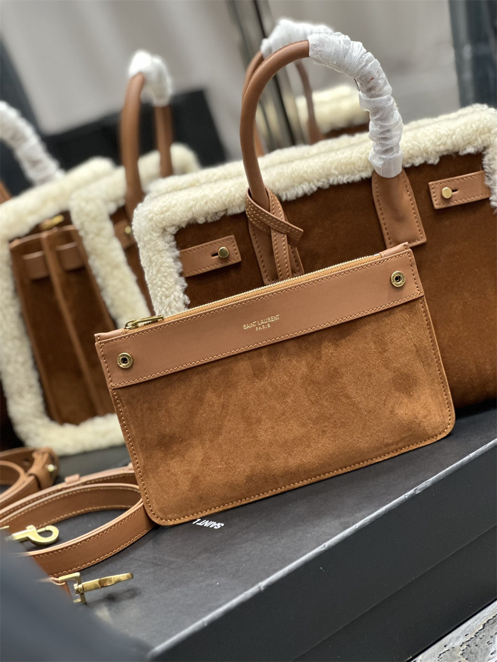 Y51 SAC DE JOUR S*pPLE NANO IN SUEDE AND SHEARLING DARK CIGAR AND NATURAL BEIGE