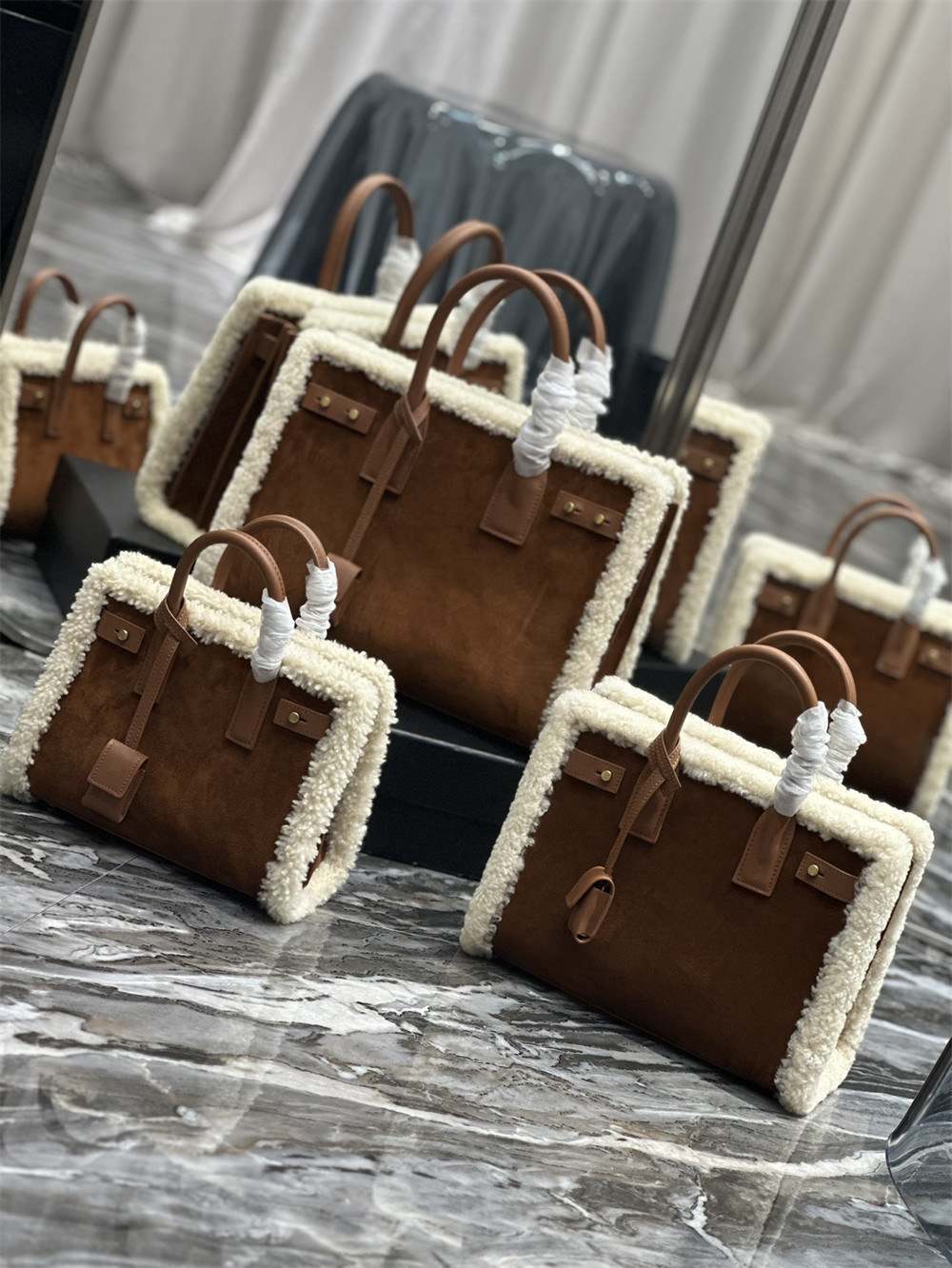 Y51 SAC DE JOUR S*pPLE NANO IN SUEDE AND SHEARLING DARK CIGAR AND NATURAL BEIGE