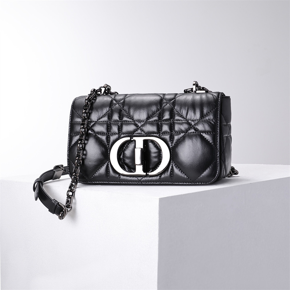 SMALL D10r CARO BAG BLACK S*pple Cannage Calfskin With Silver Hardware 20 x 12 x 7 cm