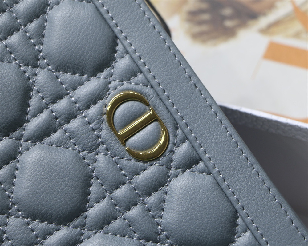 D10r CARO ZIPPED POUCH WITH CHAIN Blue S*pple Cannage Calfskin 19 x 14 x 4.5 cm