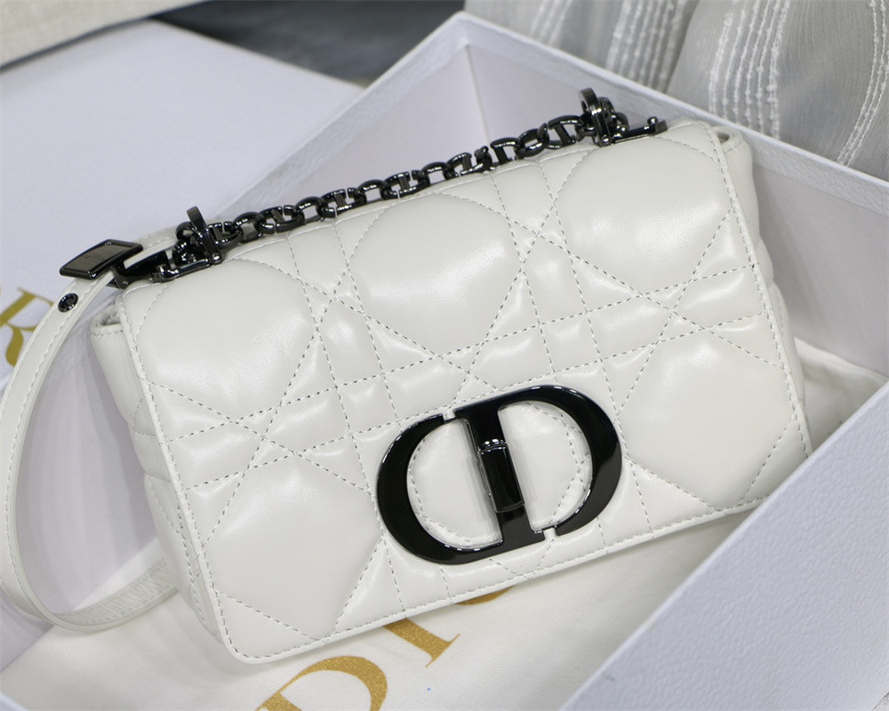 SMALL D10r CARO BAG Ivory S*pple Cannage Calfskin With Silver Hardware 20 x 12 x 7 cm