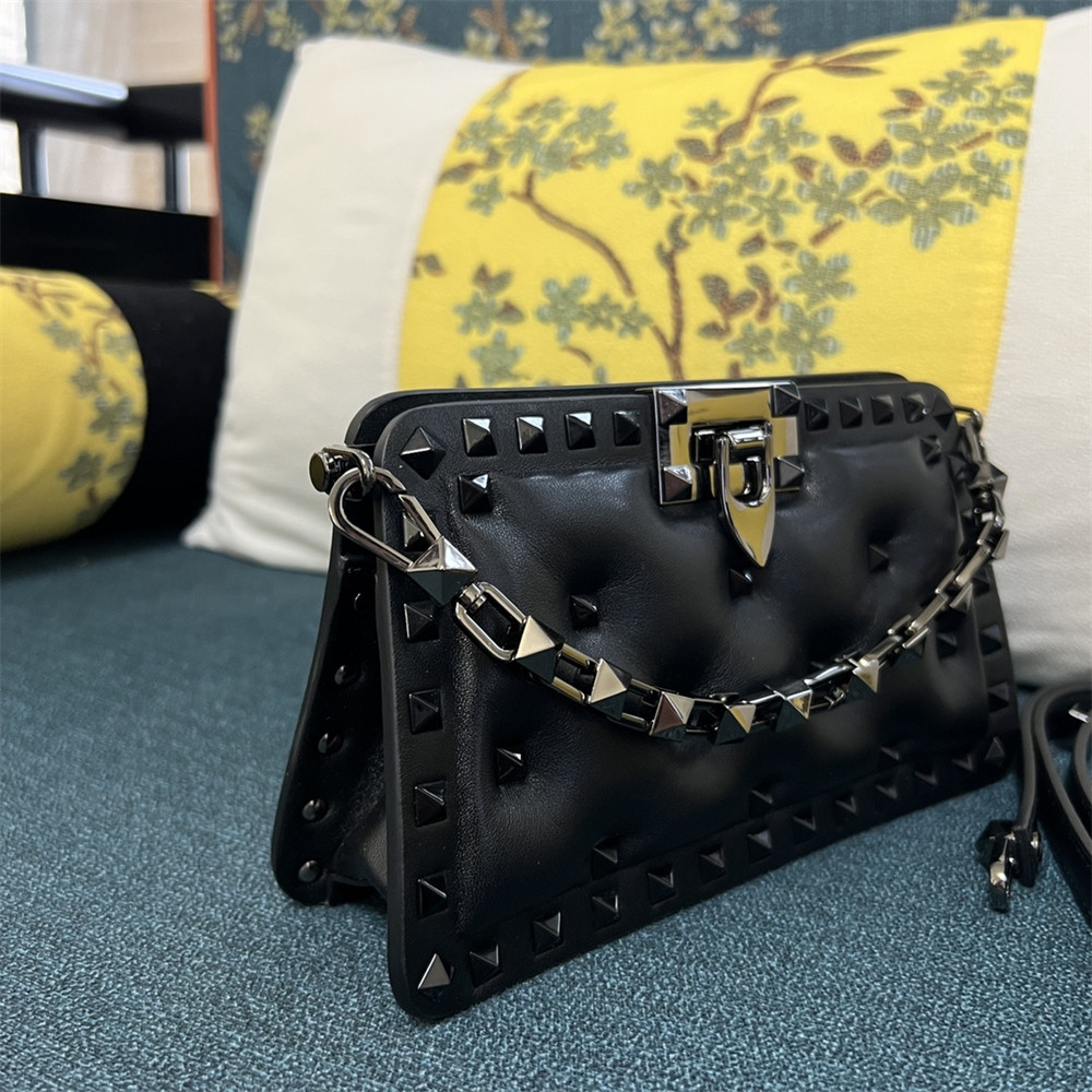 Va1e*ntin0 GARAVANI SMALL ROCKSTUD PADDED NAPPA HANDBAG BLACK
