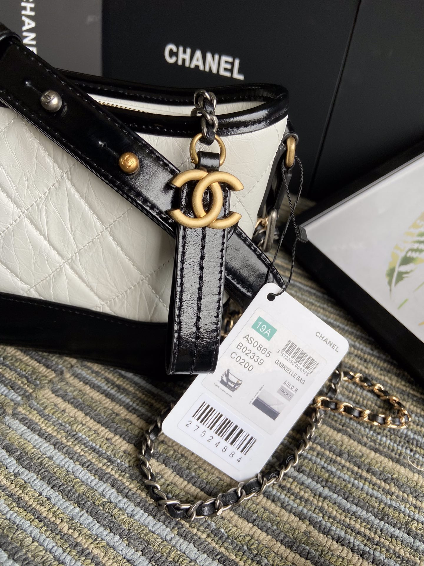 Ch**el Gabrielle SMALL WHITE BLACK with shoulder strap letters 20 x 15 x 8cm