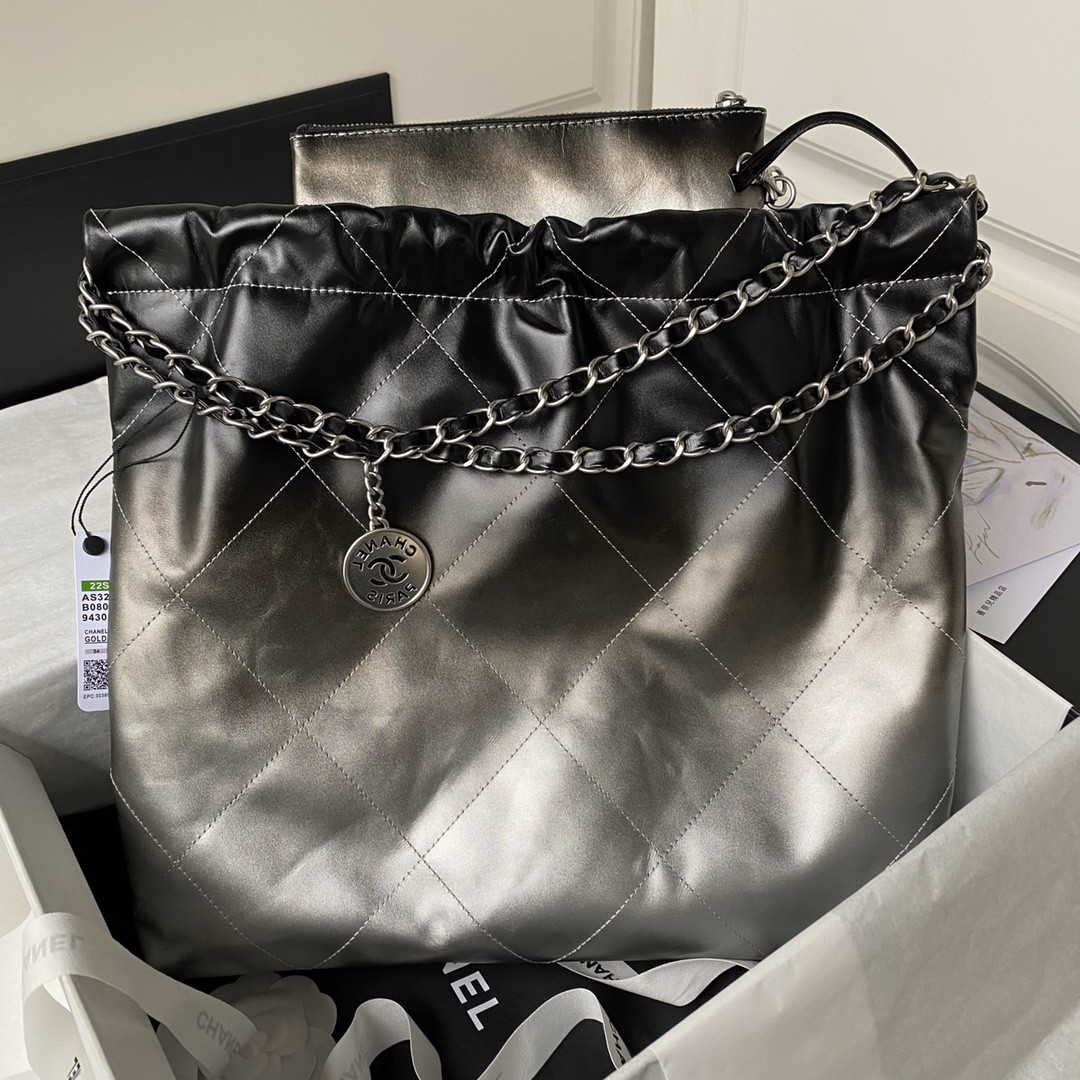 Ch**el 22 HANDBAG Shiny Calfskin SILVER 15.2×16.4×3.1 in