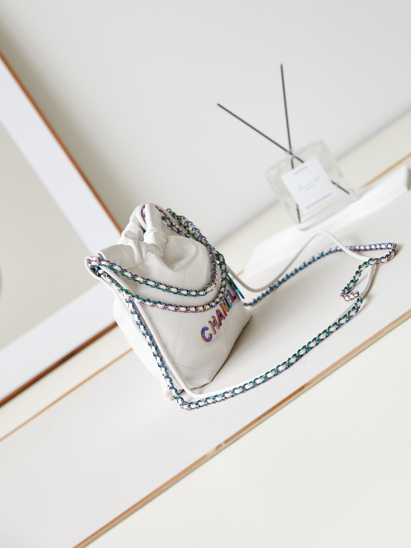 Ch**el 22 MINI HANDBAG Shiny Calfskin & Rainbow Metal White 7.8 × 7.4 × 2.3 in